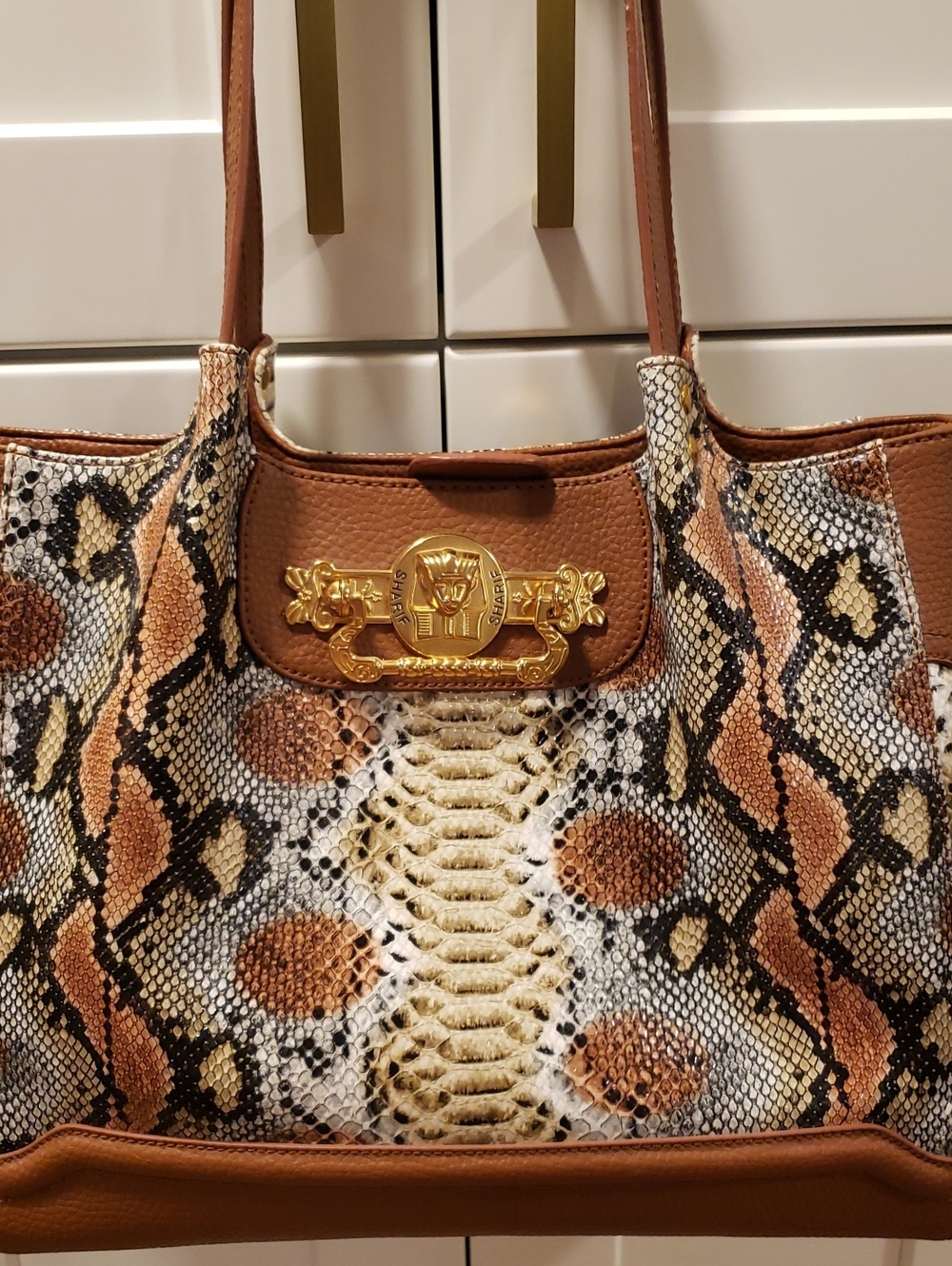 Brown Snake-Print Tote Bag with Gold Accent